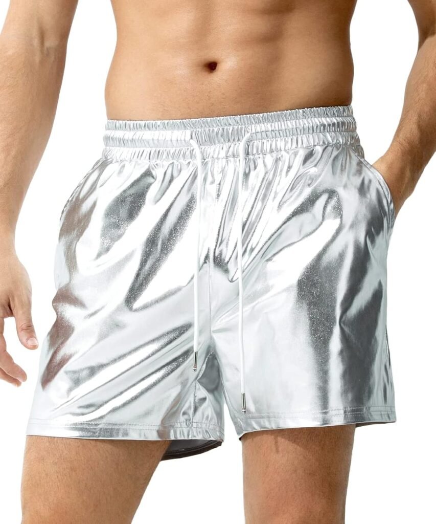 Arjen Kroos Mens Metallic Shorts Sexy Rave Hot Short Shorts with Drawstrings and Side Pockets