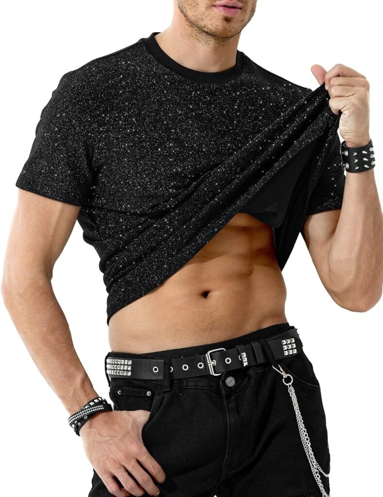 Arjen Kroos Mens Sequin Disco Shirts Short Sleeve Sparkly Rave Hot Tops