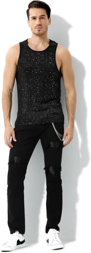 Arjen Kroos Mens Sequin Sleeveless Tank Top Sparkly Rave Metallic T-Shirt