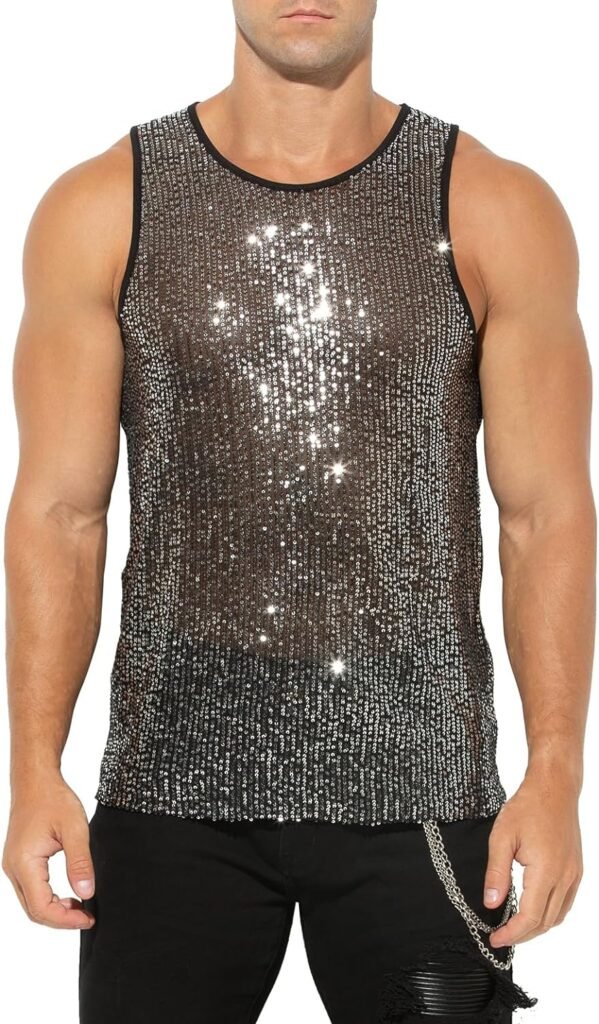 Arjen Kroos Mens Sequin Tank Top Sparkly Metallic Sleeveless T Shirt Party Top