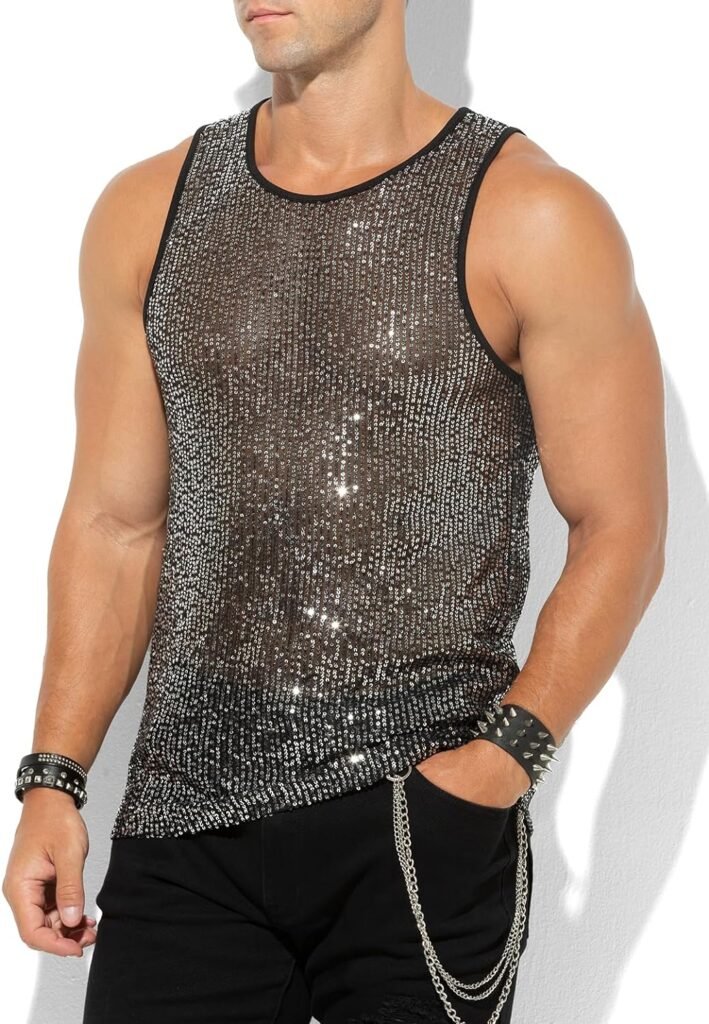 Arjen Kroos Mens Sequin Tank Top Sparkly Metallic Sleeveless T Shirt Party Top