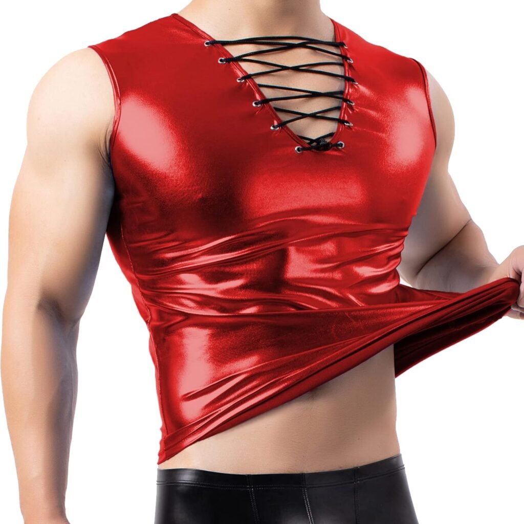 Mens Faux Leather Tank Top Undershirt Shirt Wetlook Chest Lace Up Sleeveless Vest Sport Muscle