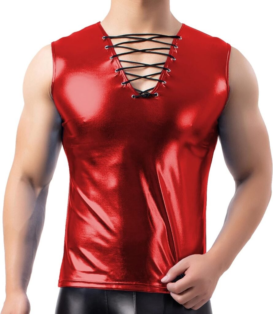 Mens Faux Leather Tank Top Undershirt Shirt Wetlook Chest Lace Up Sleeveless Vest Sport Muscle