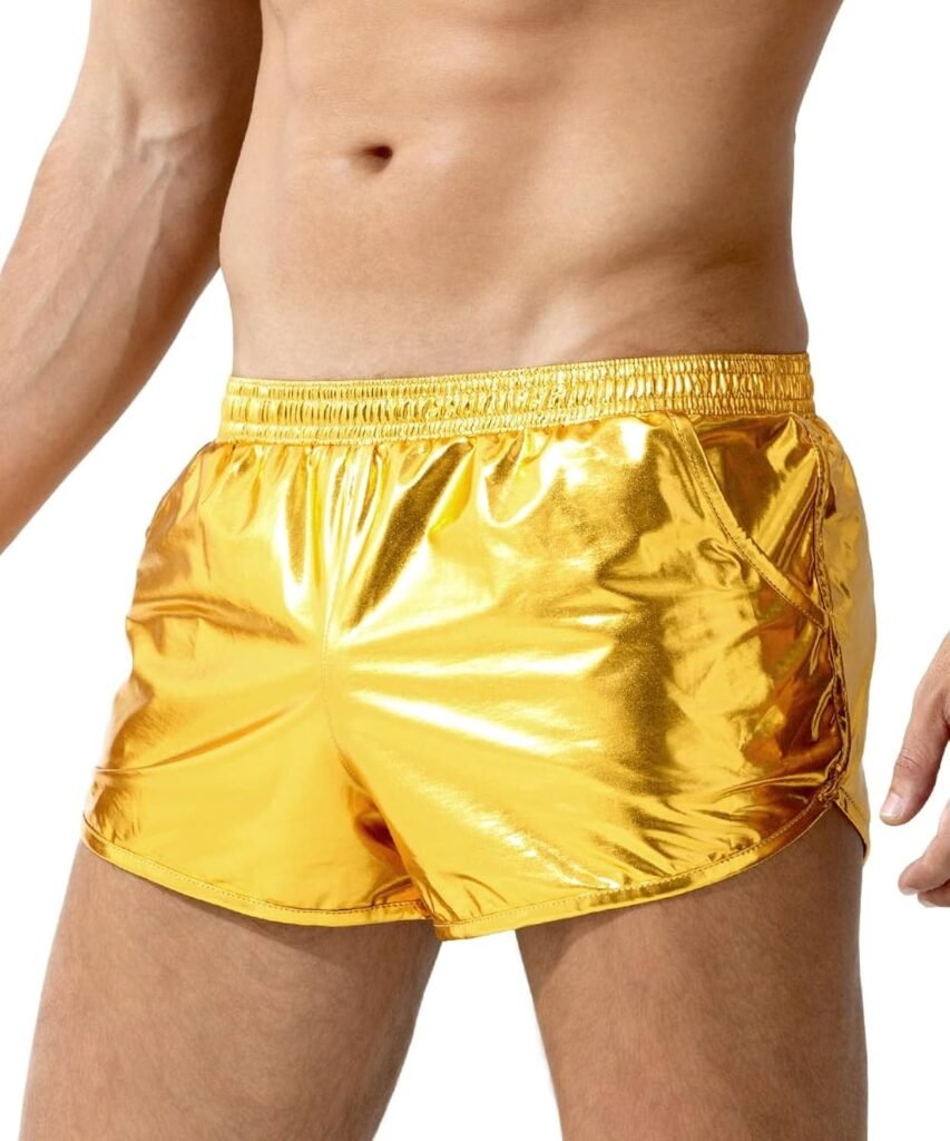 Mens Hot Shorts Elastic Waist Shiny Metallic Short Pants with Pockets