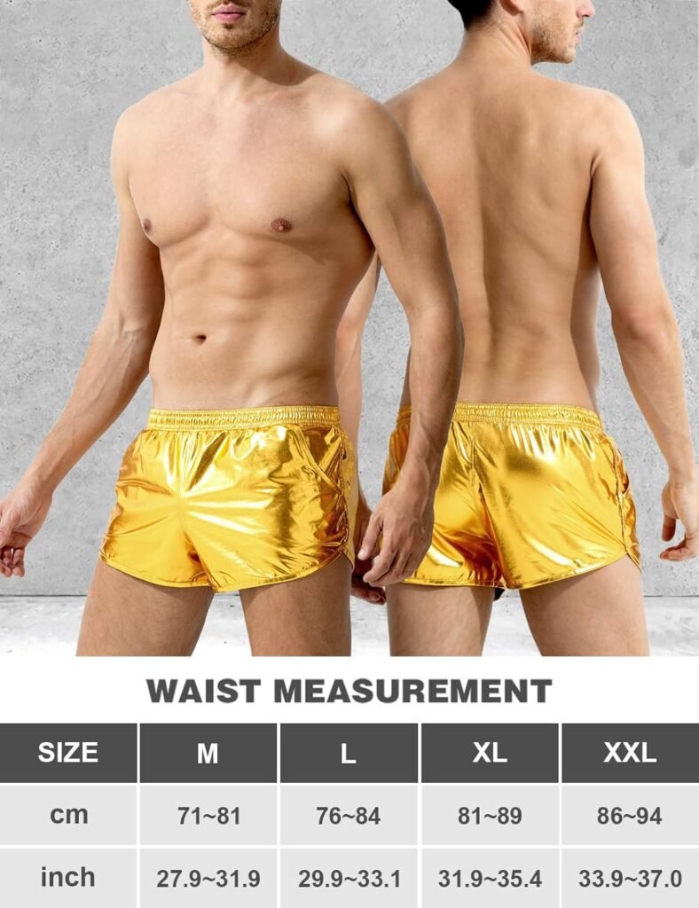 Mens Hot Shorts Elastic Waist Shiny Metallic Short Pants with Pockets