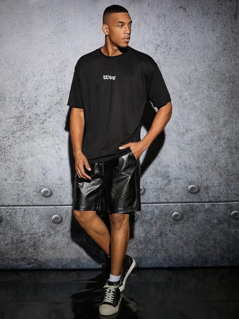 Mens PU Leather Drawstring Waist Wide Legs Shorts