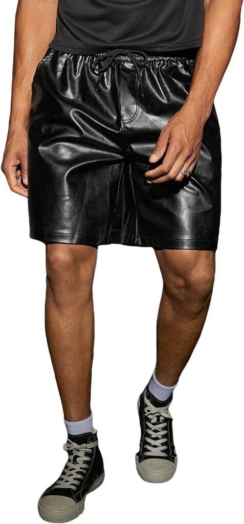 Mens PU Leather Drawstring Waist Wide Legs Shorts