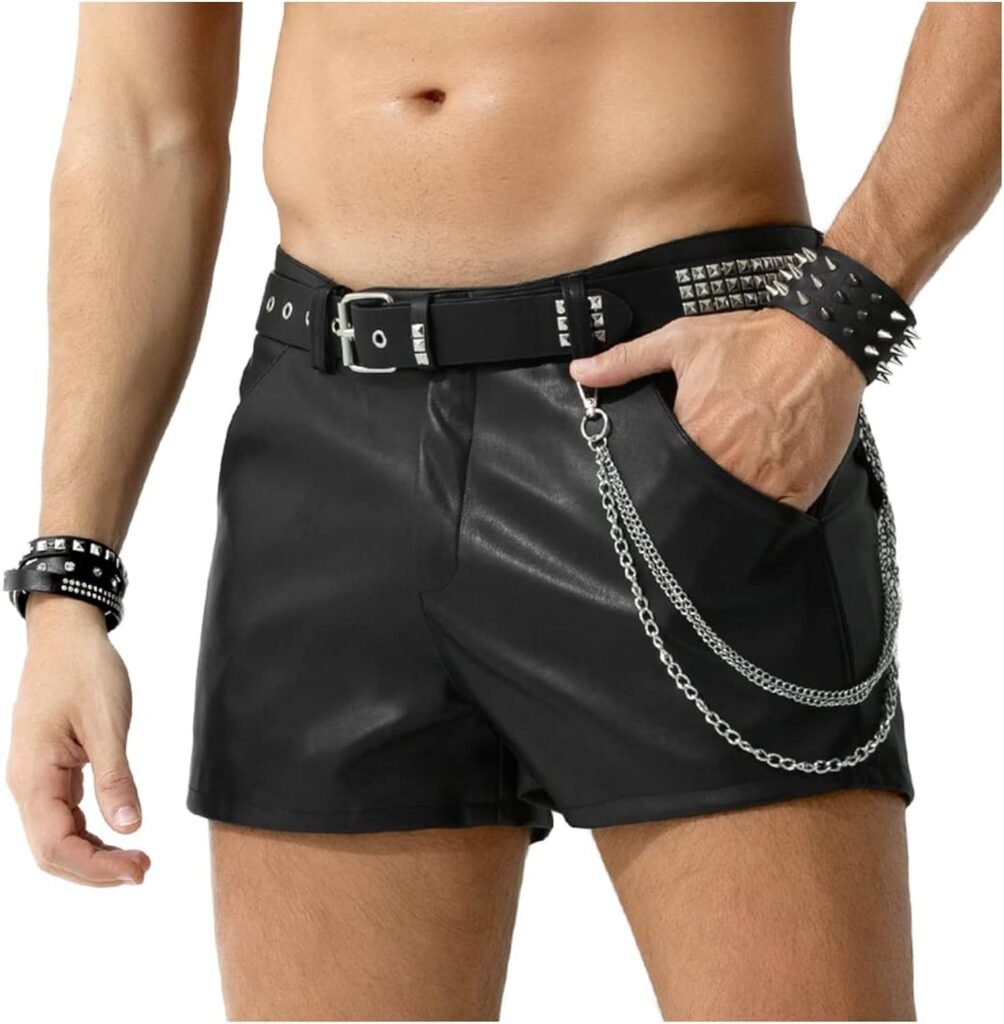 Mens Sexy Leather Shorts Rave Hot Short Pants with Pockets