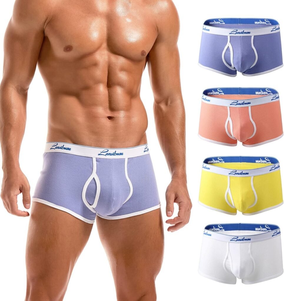 Mens Trunk Underwear With Fly Low Rise Boxer Briefs for Men Comfort Moisture-Wicking fly Pouch 4 Pack