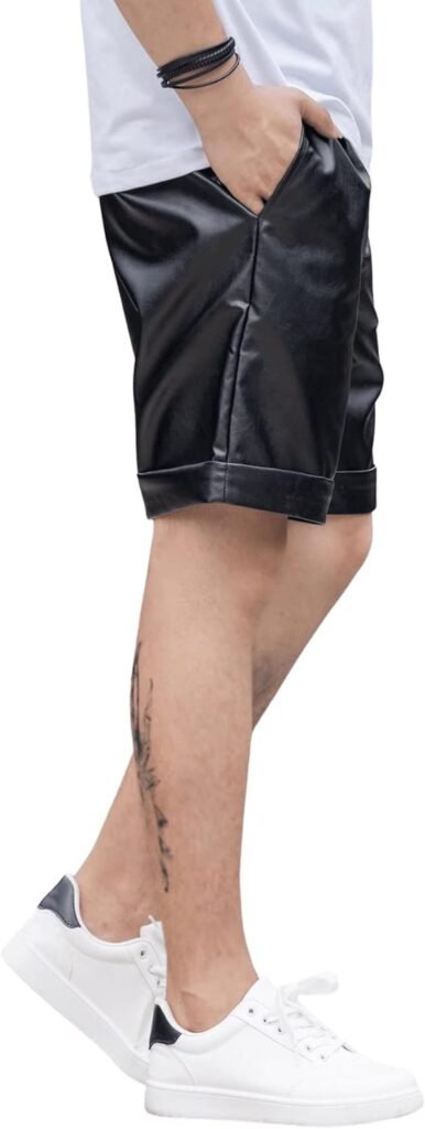 OYOANGLE Mens PU Leather Shorts Zipper Straight Leg Short Pants Clubwear