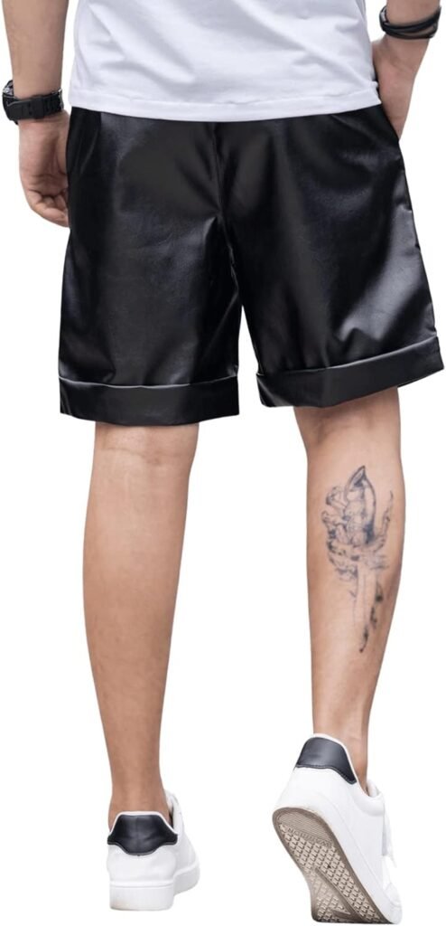 OYOANGLE Mens PU Leather Shorts Zipper Straight Leg Short Pants Clubwear