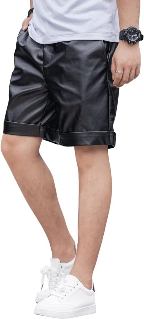 OYOANGLE Mens PU Leather Shorts Zipper Straight Leg Short Pants Clubwear