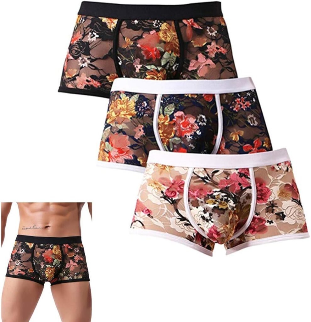 Sexy Men Boxers Shorts Printed Flower Lace Underwear