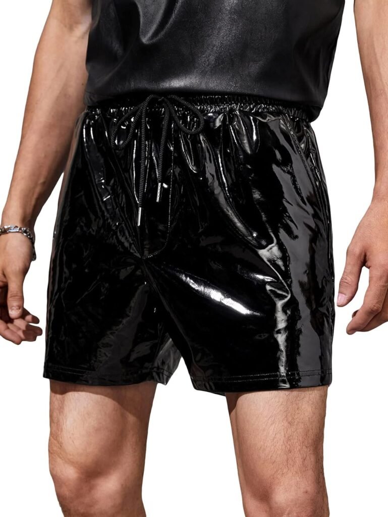 WDIRARA Mens Slant Pocket PU Leather Buttoms Drawstring Waist Straight Leg Shorts