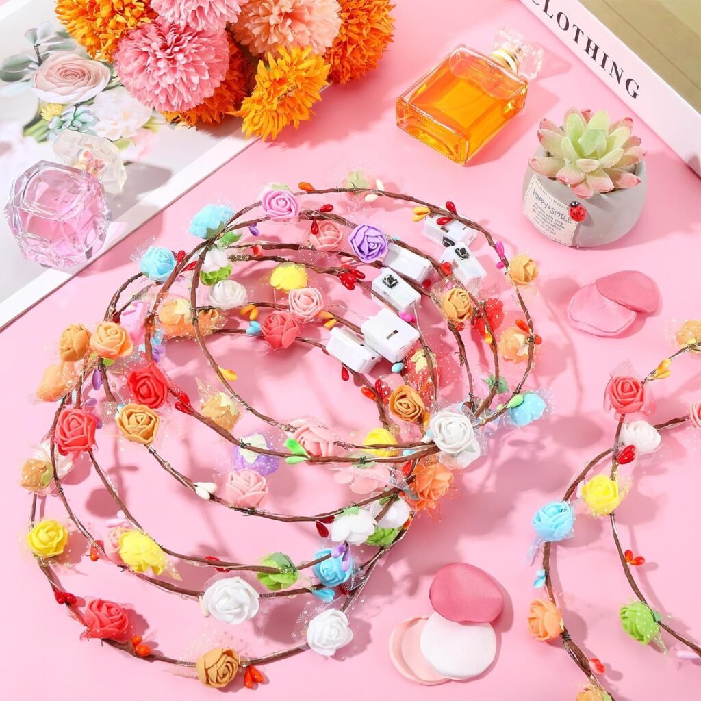 50 Pcs LED Flower Crown Headband Light Up Fairy Flower Hair Jewelry Multi-color Floral Headpiece Wreath Headdress Hair Wreath for Women Girl Hair Styling Wedding Birthday Party Holiday (Rose)