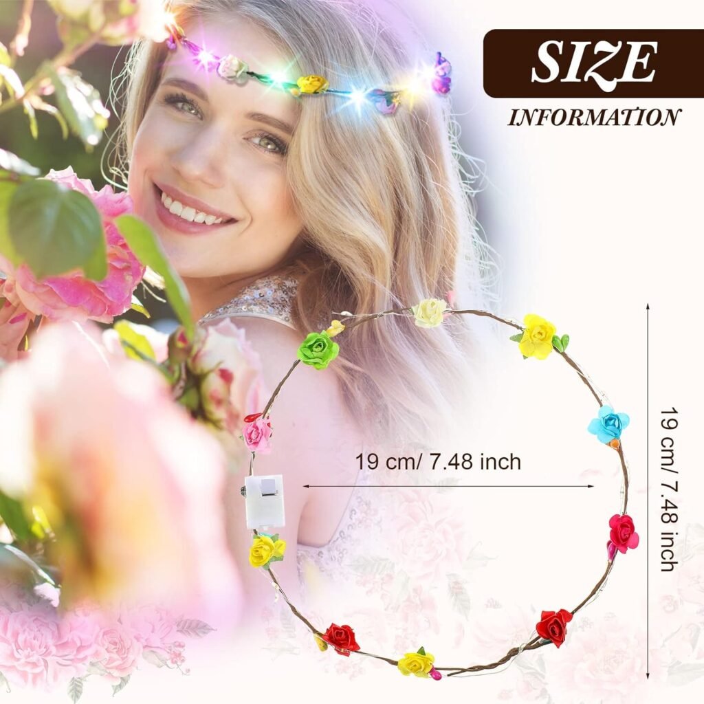 64 Pcs Light up Flower Headband Multicolor LED Flower Hair Crown Garlands Flower Girl Headpiece Luminous Tiara Glowing Floral Wreath Crowns Flower Headdress for Women Festival Birthday Wedding Party