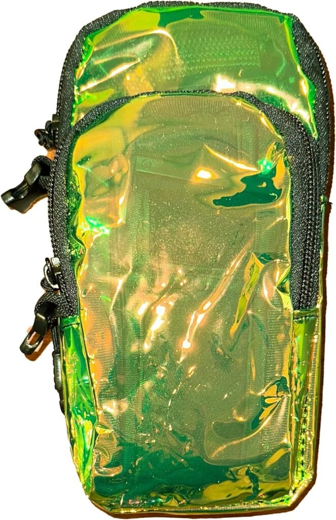 Clear Plastic UV Green Dark Light Vers Murse Phone Bag Fan Holster Fanny Pack, Arm/Leg Band, Buckled Zippers Hidden Zipper Pocket Raves Parties (UV Green Fan Holster)