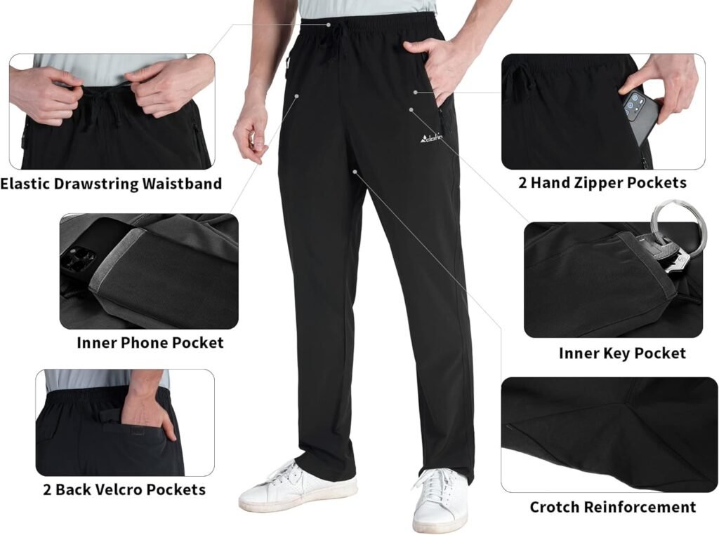 clothin Mens Lightweight Elastic Waist Pants Drawstring Athletic Sweatpants with Zipper Pockets for Hiking Casual Travel