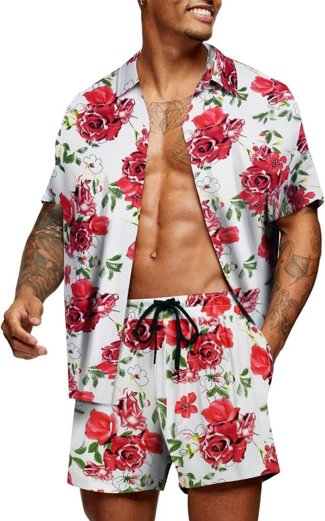 COOFANDY Mens Hawaiian Matching Set Summer Beach 2 Piece Outfits Flower Shirts and Shorts