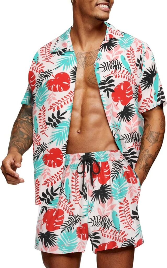 COOFANDY Mens Hawaiian Matching Set Summer Beach 2 Piece Outfits Flower Shirts and Shorts