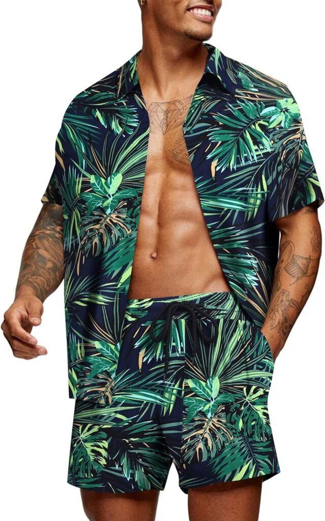 COOFANDY Mens Hawaiian Matching Set Summer Beach 2 Piece Outfits Flower Shirts and Shorts