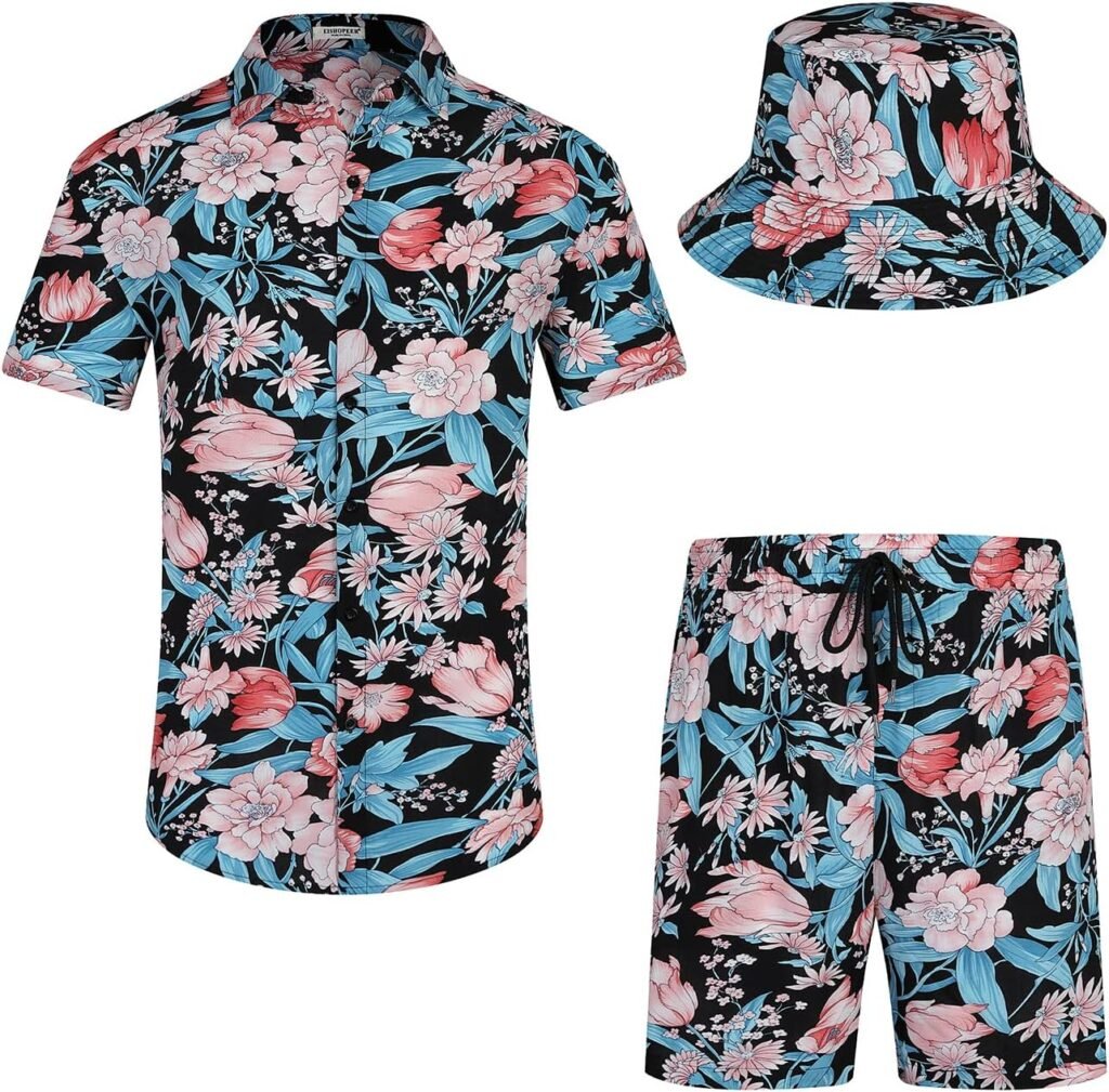 EISHOPEER Mens Flower Button Down Hawaiian Outfit Sets Casual Short Sleeve Shirt and Shorts Suits