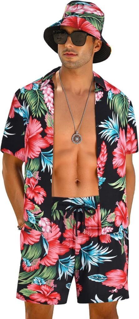 EISHOPEER Mens Flower Button Down Hawaiian Outfit Sets Casual Short Sleeve Shirt and Shorts Suits