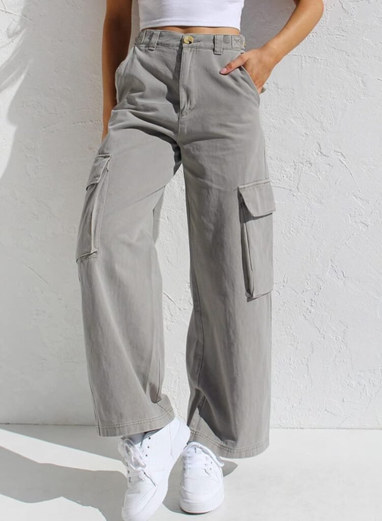 EVALESS Cargo Pants Women Casual Loose High Waisted Straight Leg Baggy Pants Trousers with Pockets