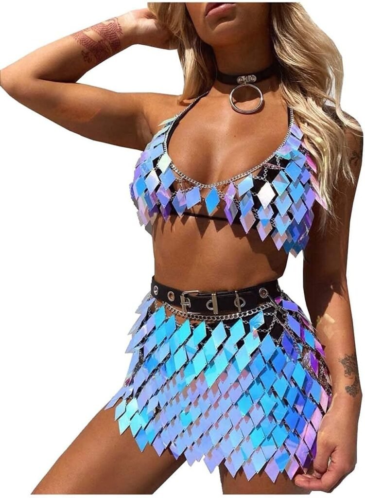 Fstrend Boho Sequins Tassels Body Chain Gold Bra Skirts Set Sexy Bikini Rave Festival Party Beach Fashion Clubwear Accessories Jewelry for Women and Girls