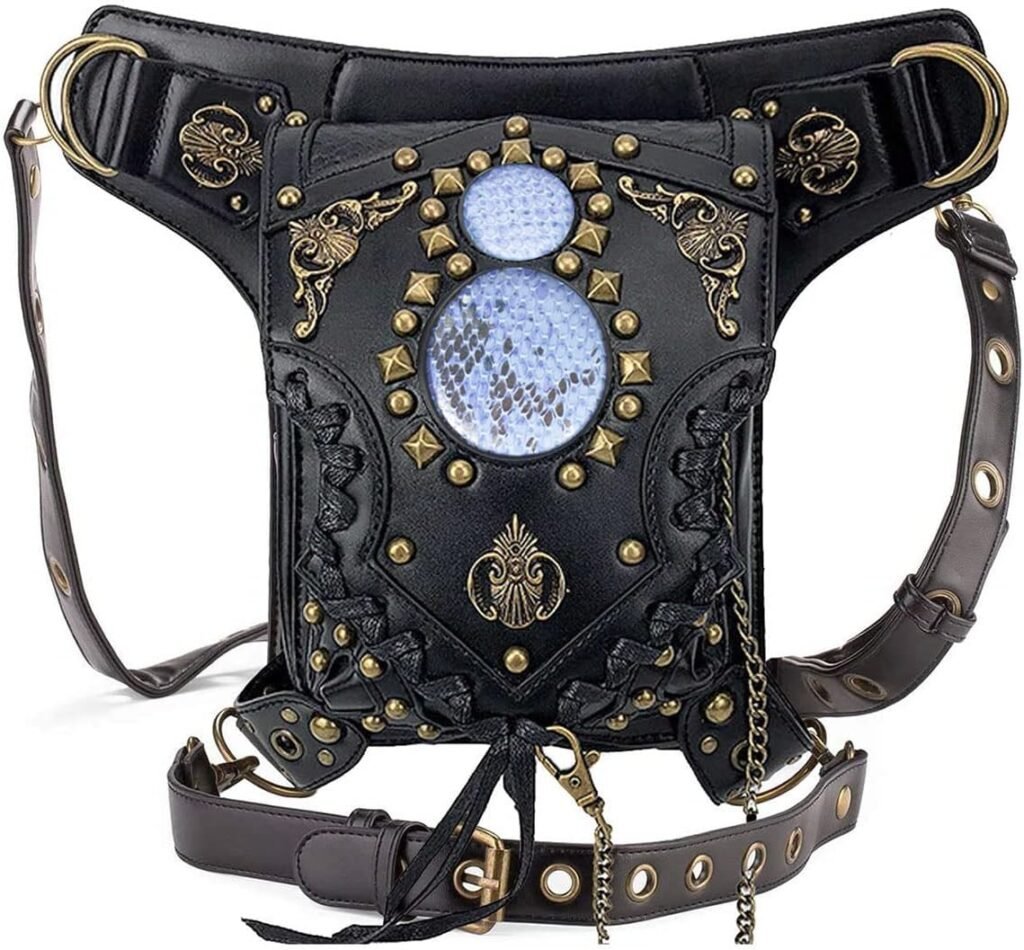 Gothic Waist Bag Fanny Pack Leather Steampunk Bag Side Bag Travel Purse Side Wallet Punk Rock Chain Leg Bag Crossbody Shoulder Messenger Bags Handbag Hip Holster Pouch for Women Girls (Black)