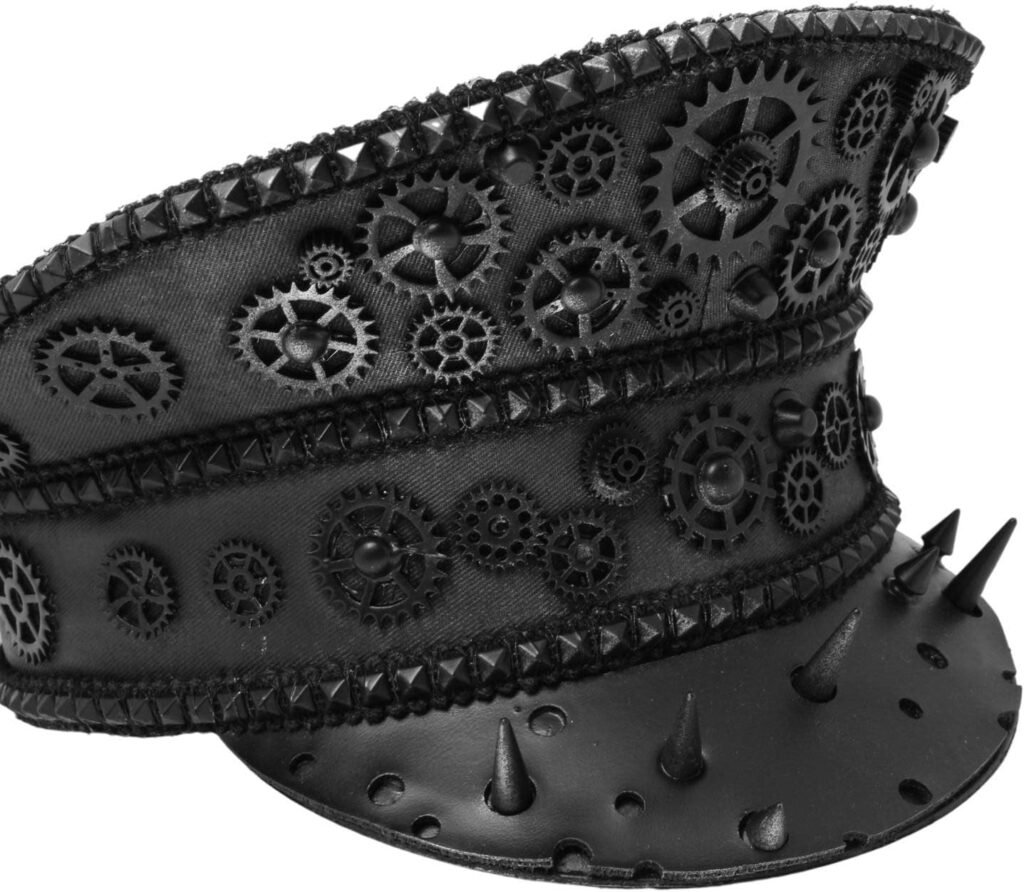 ILOVEMASKS Black Steampunk Spike Gears Captain Burning Man Playa Rave Hat, Military Officer Police Captain Hat Dancer Festival EDM Rave EDC Costume Headpiece Headdress Cap Hat Steampunk Fashion BLACK