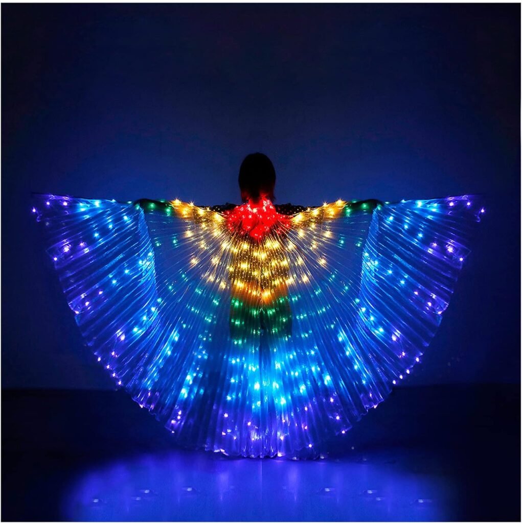 iMucci LED Lights Belly Dance Isis Wings Belly dance Glow Angel dance Wings with Telescopic Sticks Flexible Rods for Adults and Child Multicolor