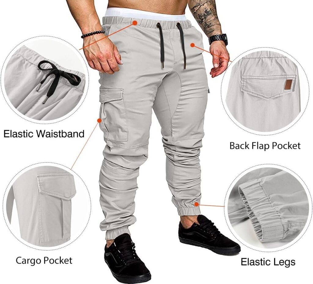 JMIERR Mens Fashion Cargo Pants - Casual Cotton Tapered Stretch Twill Drawstring Athletic Joggers Sweatpants with 6 Pockets