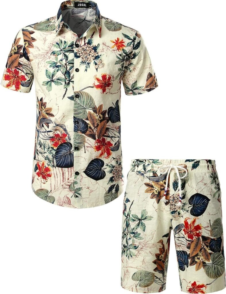 JOGAL Mens Flower Casual Button Down Short Sleeve Hawaiian Shirt Suits