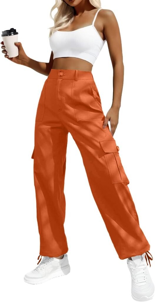 Lepunuo Womens High Waisted Cargo Pants Travel Y2K Streetwear Baggy Stretchy Pants with 6 Pockets Drawstring Ankle Cuffs