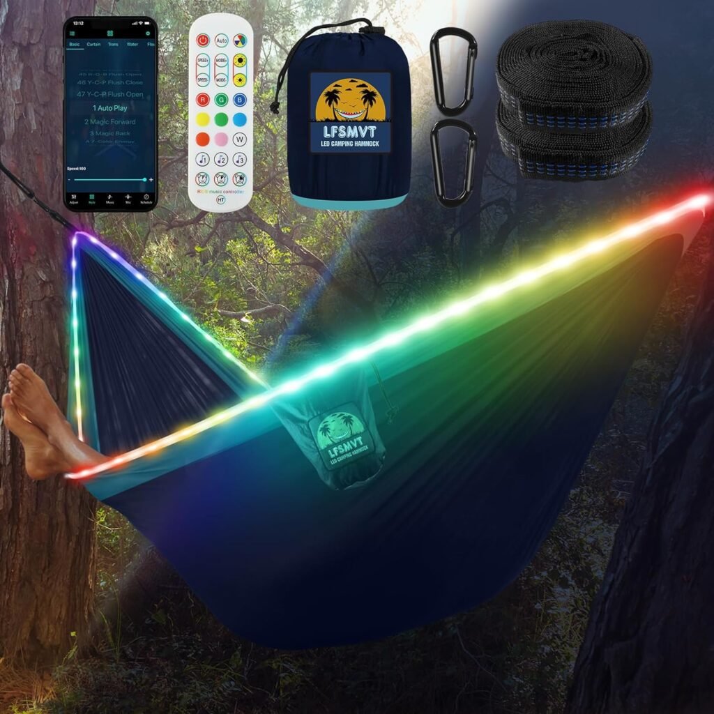 LFSMVT LED Camping Hammock - Built-in Lights, Music Sync, App Control, 118 x 79 Large Double Hammock with 2 Tree Straps - Perfect for Camping, Travel, Hiking, and Backpacking【LED Hammock Set】