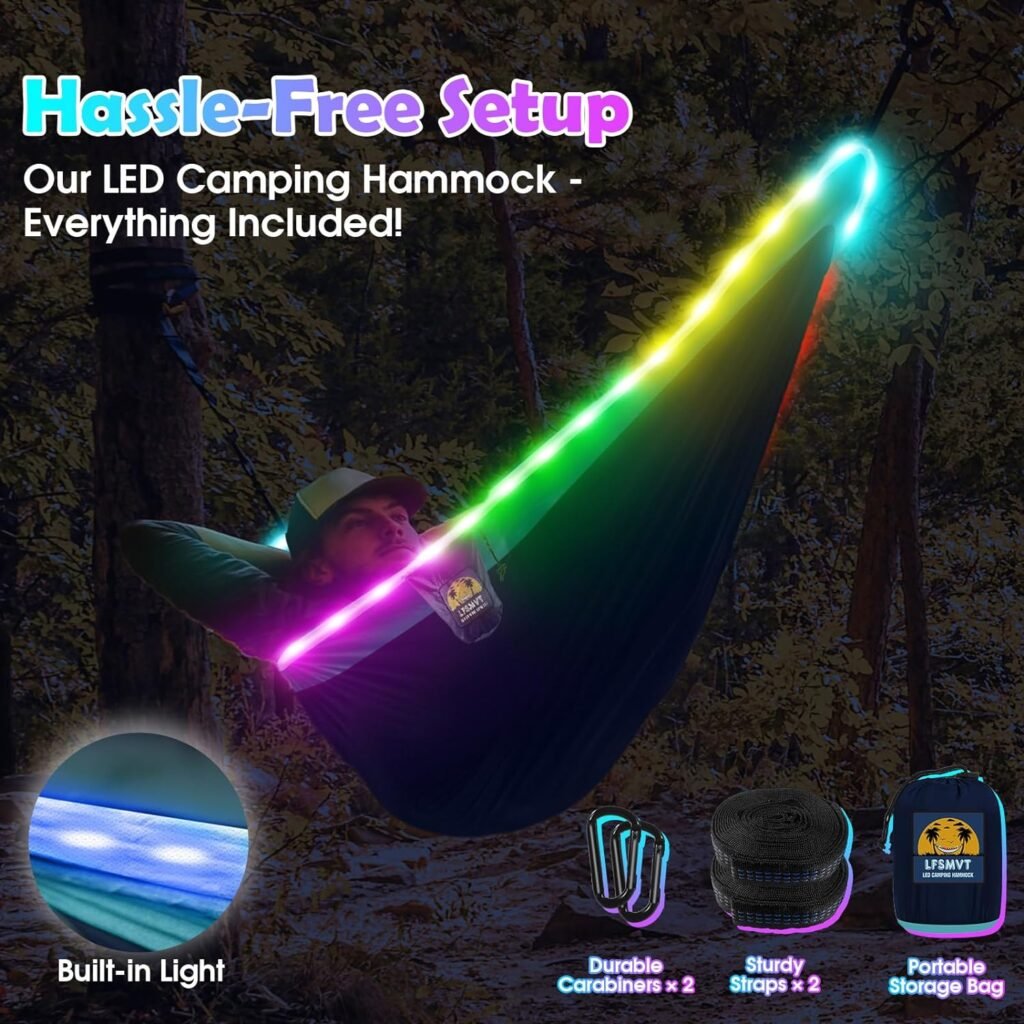 LFSMVT LED Camping Hammock - Built-in Lights, Music Sync, App Control, 118 x 79 Large Double Hammock with 2 Tree Straps - Perfect for Camping, Travel, Hiking, and Backpacking【LED Hammock Set】