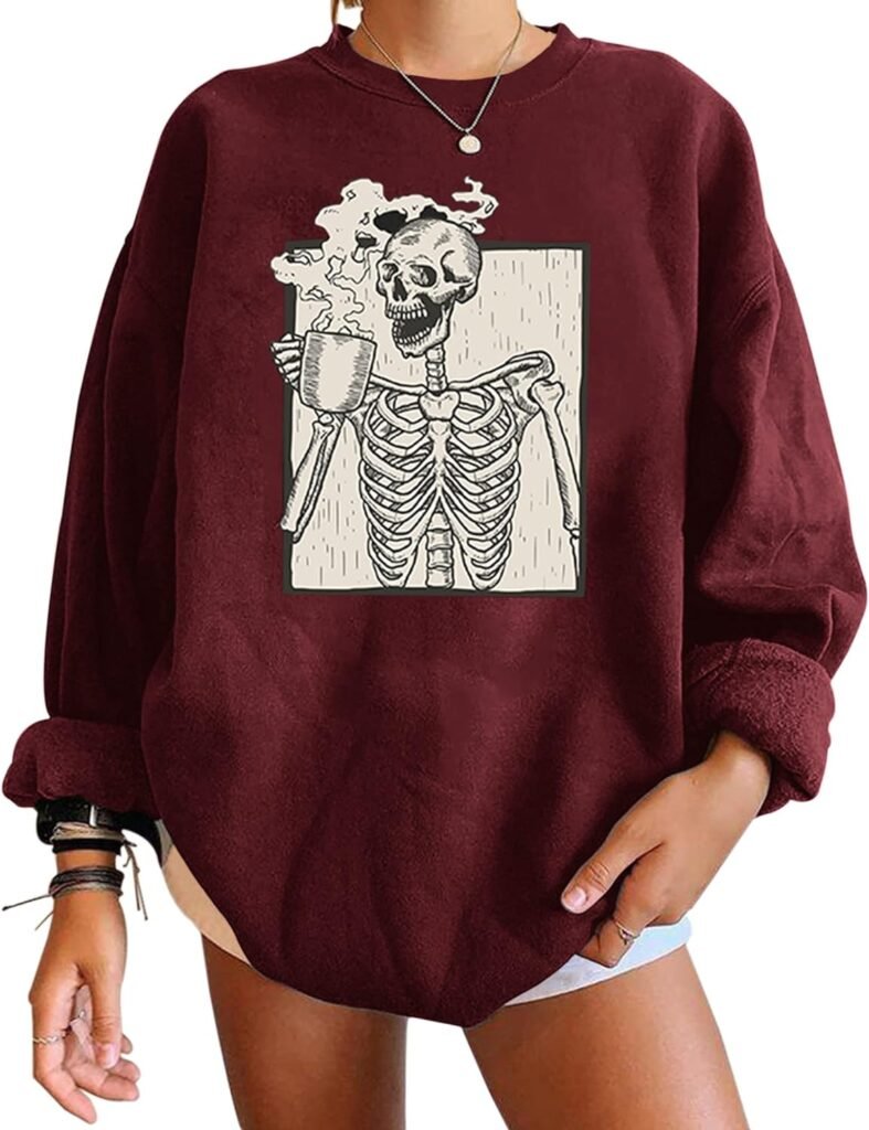 Meladyan Halloween Skull Graphic Print Fleece Oversized Sweatshirt Crewneck Long Sleeve Drop Shoulder Pullover