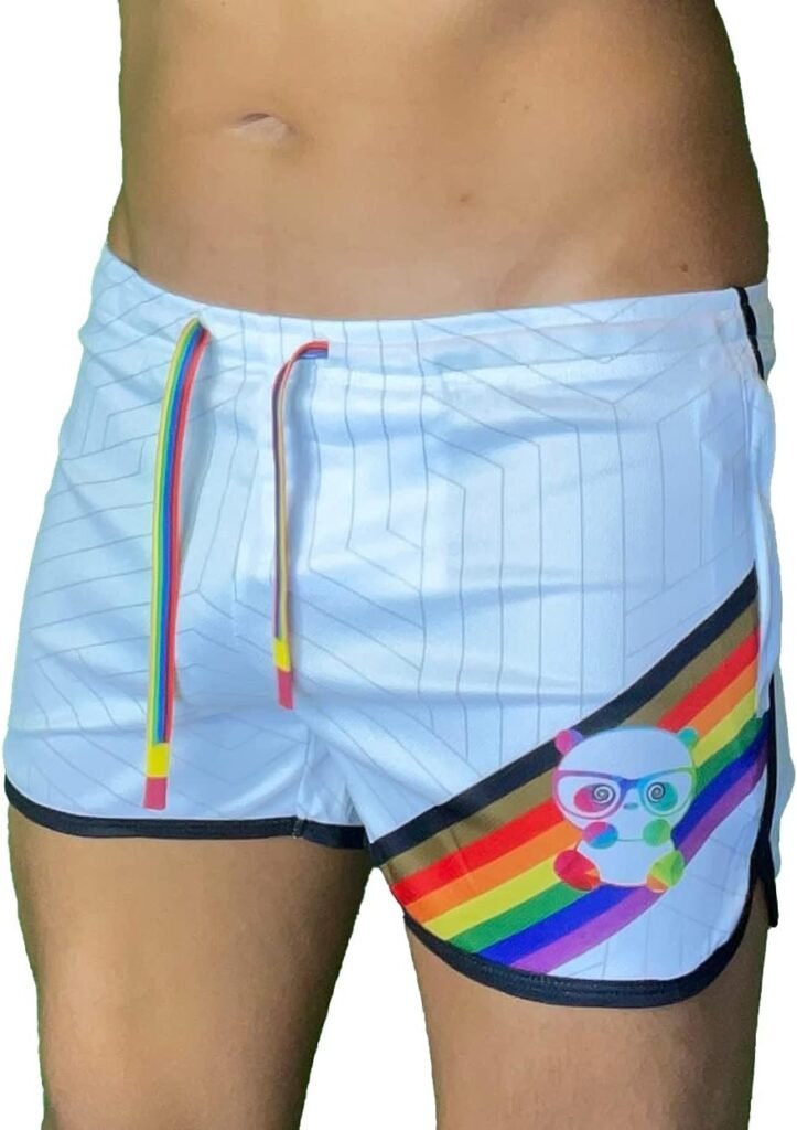 Mens Running Booty Shorts, Zippered Pockets, Rave  Party Short LGBTQ, Gay Rainbow Panda 3 in Inseam Shorts