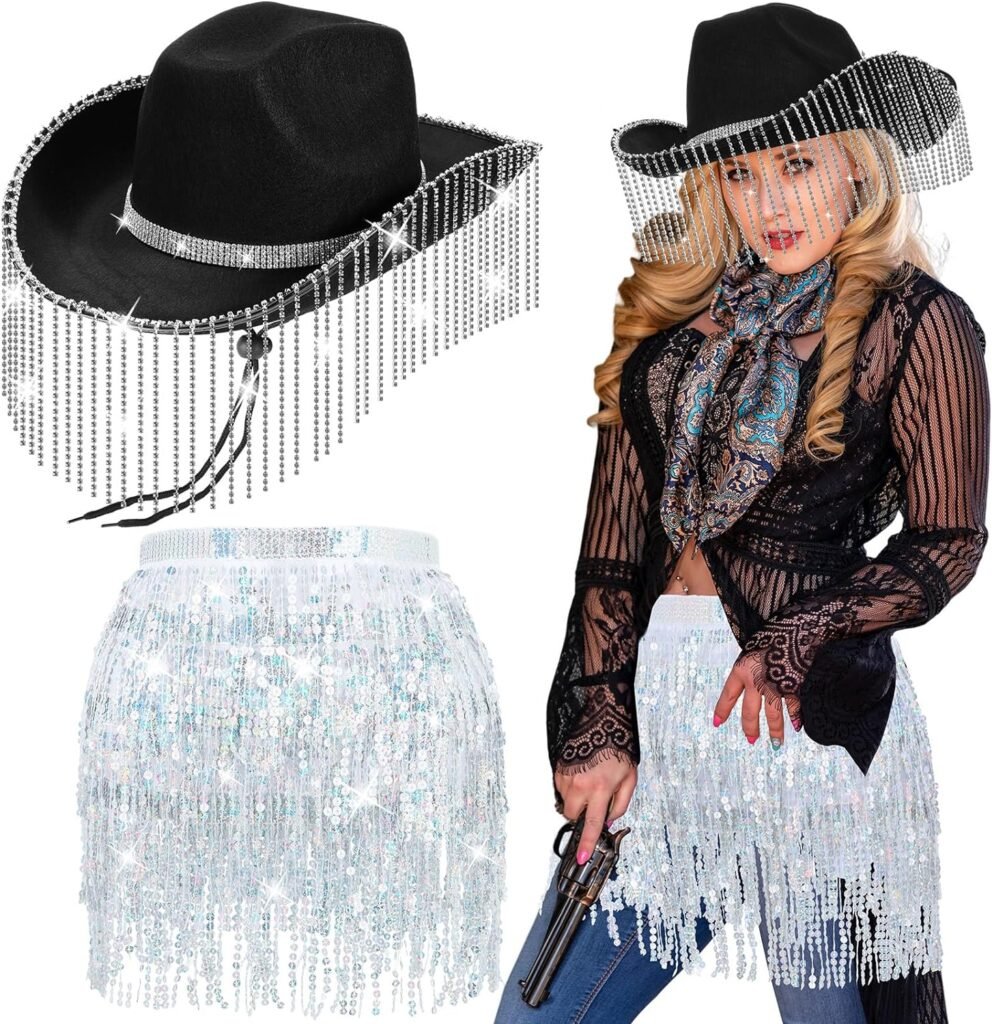 Mepase 2 Pcs Cowgirl Costume for Girls, Cowgirl Hat Christmas Western Style Skirt Wrap Bling for Belly Dance Dress Up