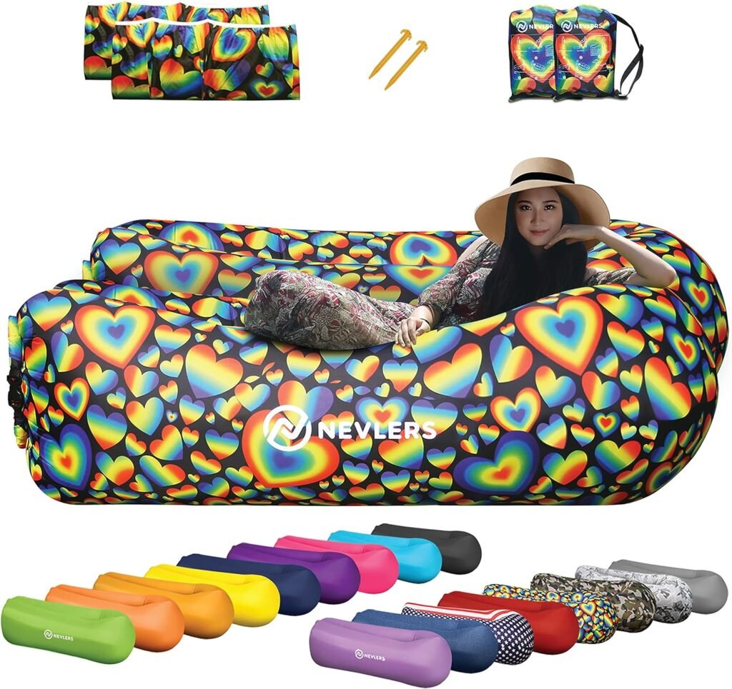 Nevlers 2 Pack Inflatable Loungers Air Sofa Couch | Perfect for Beach Chair Camping Chairs or Portable Hammock |Travel Bag Pouch, Pegs  3 Pockets| Movie Seating  Camping Accessories Blow Up Lounger