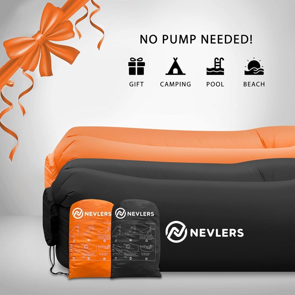 Nevlers 2 Pack Inflatable Loungers Air Sofa Couch | Perfect for Beach Chair Camping Chairs or Portable Hammock |Travel Bag Pouch, Pegs  3 Pockets| Movie Seating  Camping Accessories Blow Up Lounger