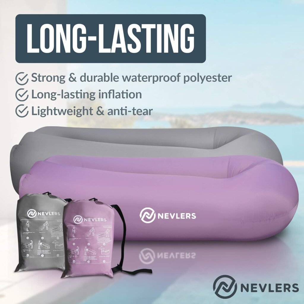 Nevlers 2 Pack Inflatable Loungers Air Sofa Couch | Perfect for Beach Chair Camping Chairs or Portable Hammock |Travel Bag Pouch, Pegs  3 Pockets| Movie Seating  Camping Accessories Blow Up Lounger