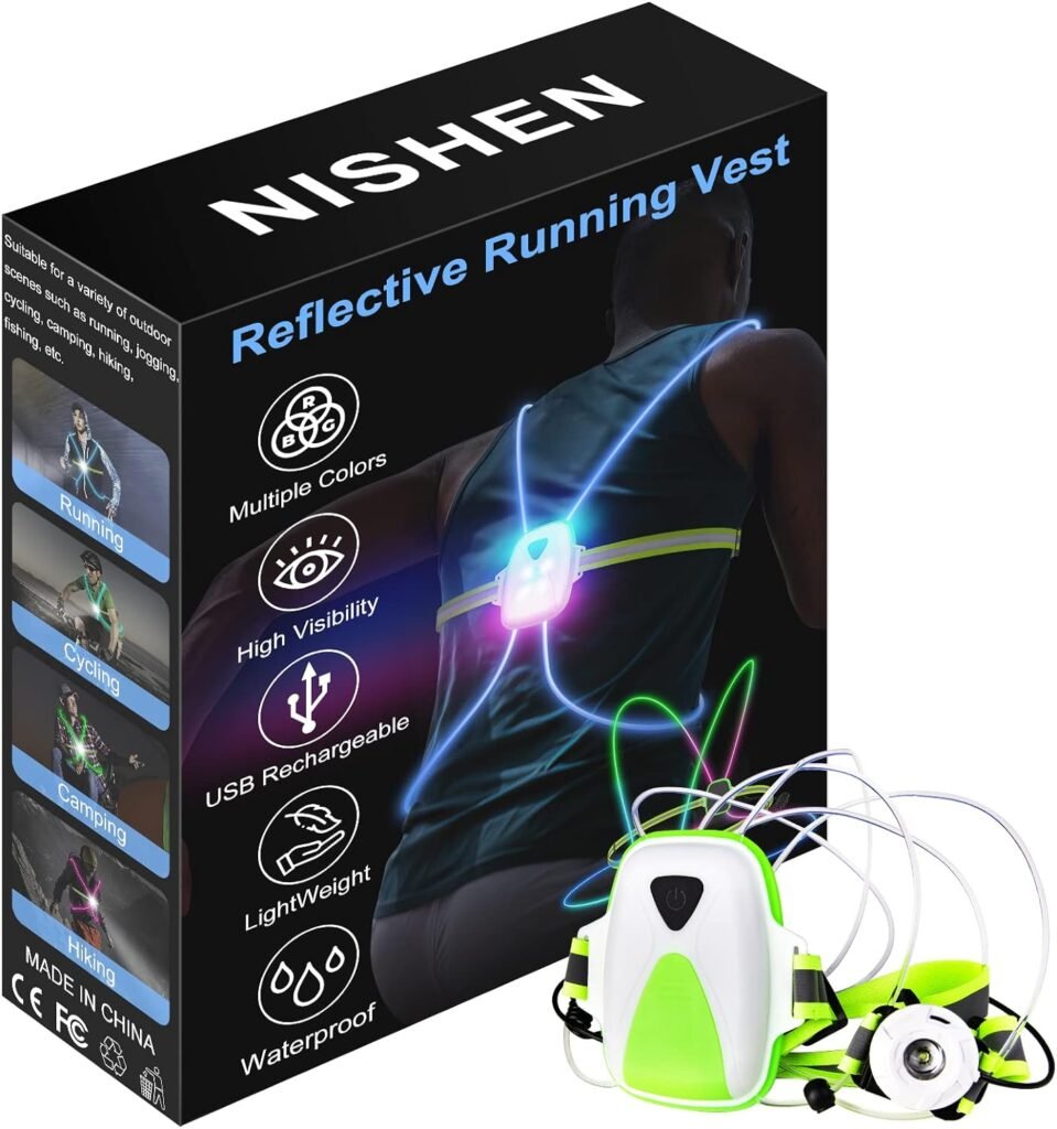 Ni-SHEN Reflective Running Vest with Front Light,Running Lights for Runners,Reflective Running Gear for Men/Women Running,Cycling or Walking, High Visibility Warning LED Lights