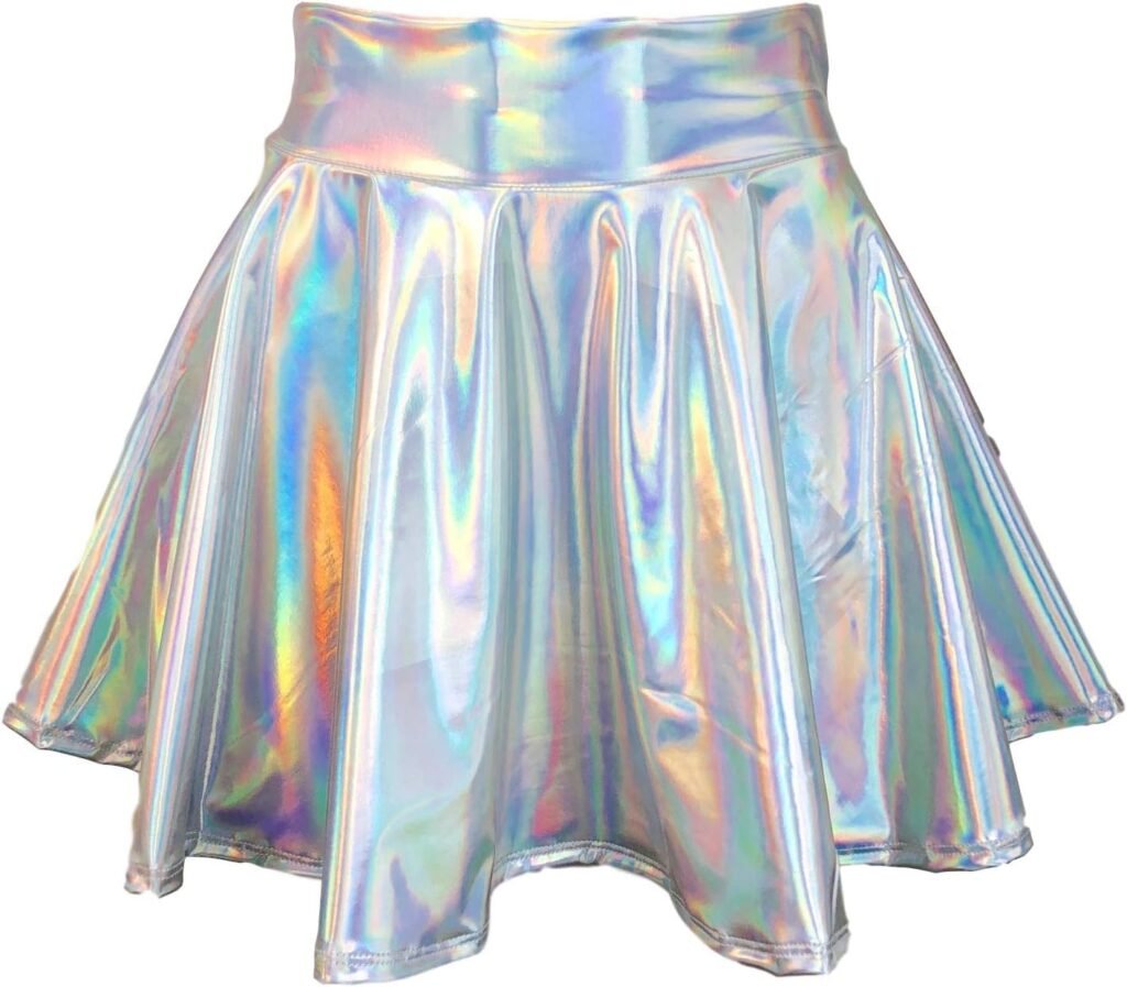 Opal Holographic Skater Skirt - Made in USA - High-Waisted Rave Skirt (Size Large) Silver