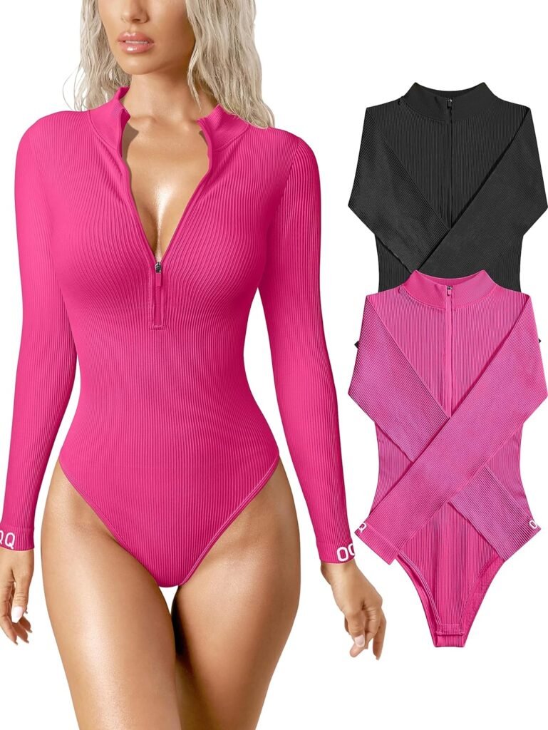 OQQ Womens 2 Piece Bodysuits Sexy Ribbed One Piece Zip Front Long Sleeve Tops Bodysuits