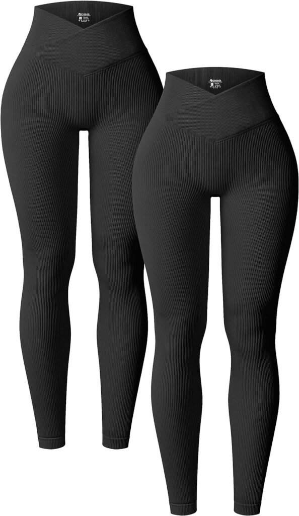 OQQ Womens 2 Piece Yoga Leggings Ribbed Seamless Workout High Waist Cross Over Athletic Exercise Leggings