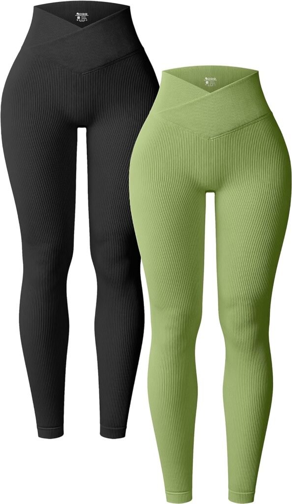 OQQ Womens 2 Piece Yoga Leggings Ribbed Seamless Workout High Waist Cross Over Athletic Exercise Leggings