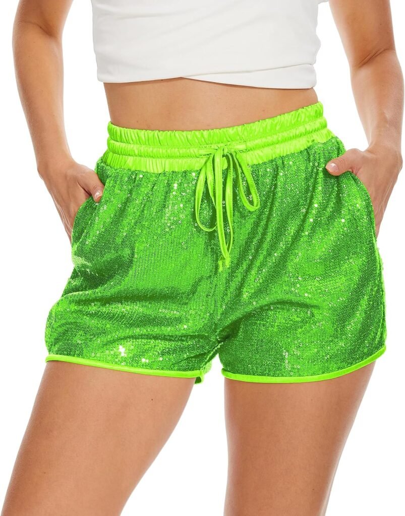 PESION Sequins Rave Shorts for Women High Waist Casual Loose A Line Hot Pants Sparkly Clubwear Night-Out Shorts