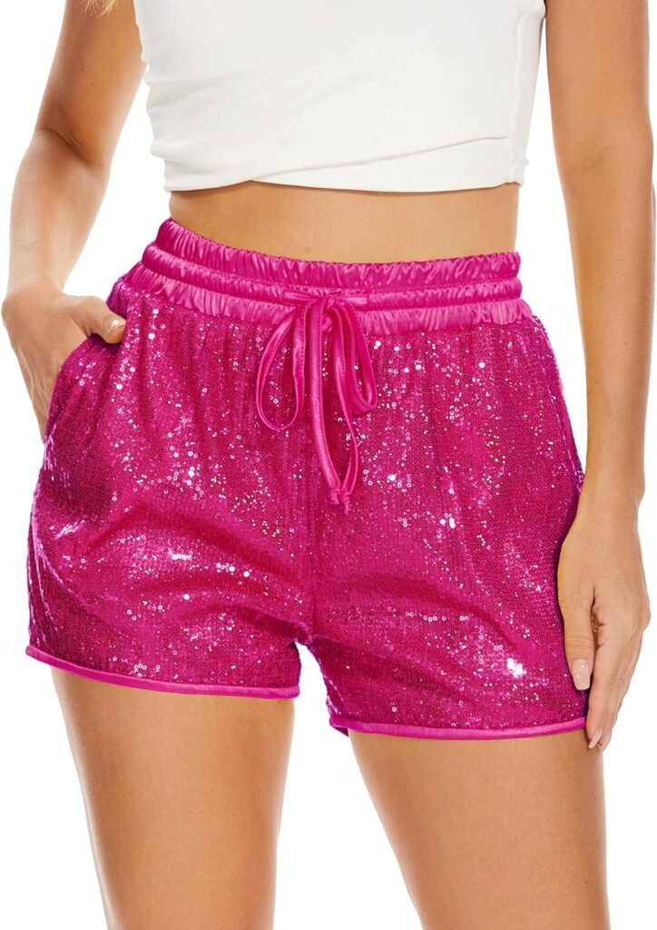 PESION Sequins Rave Shorts for Women High Waist Casual Loose A Line Hot Pants Sparkly Clubwear Night-Out Shorts